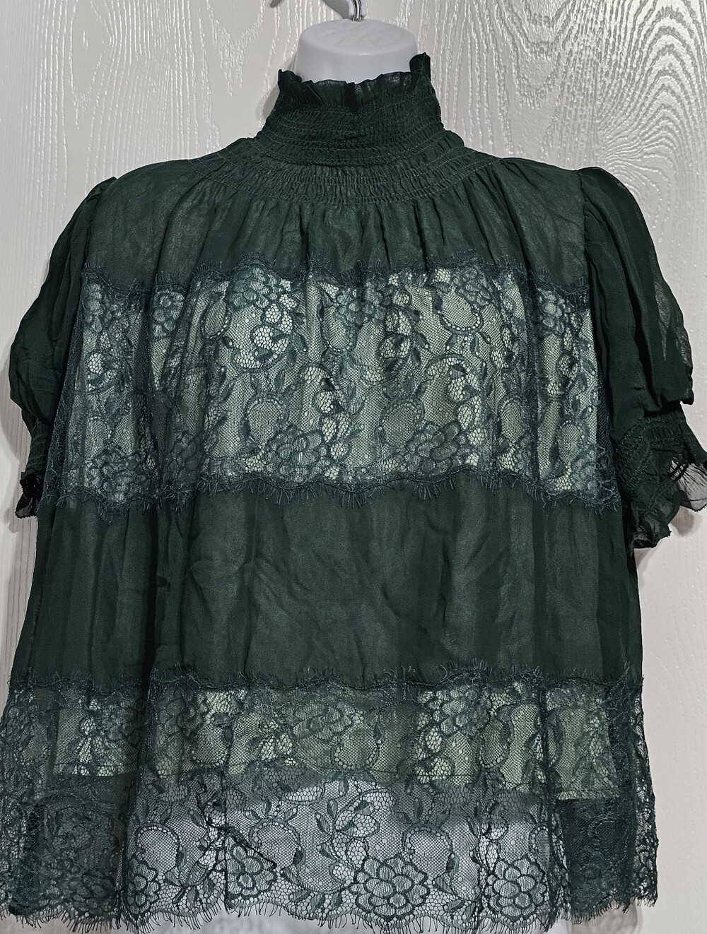 Anthropologie High-Neck Lace Swing Blouse Emerald Green Size XS